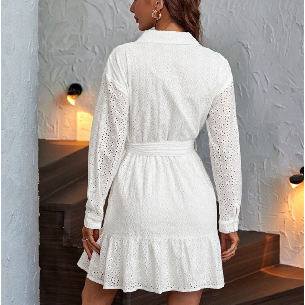 White Eyelet Embroidery Ruffle Hem Belted Shirt Dress - Picture 3 of 8